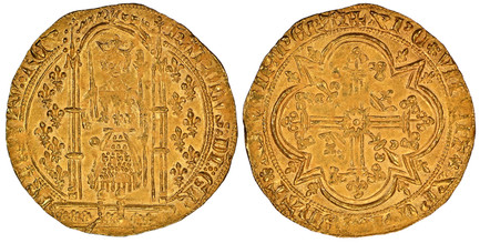 1087454 FRANCE. Charles V. (King, 1364-1380). (1364-80) AV Franc a Pied. NGC MS65.  3.79gm. KAROLS • DI • GRFRAnCORV • RЄX (saltire stops). Charles standing facing within portico, holding sword and scepter surmounted by Hand of Justice; seven lis ...