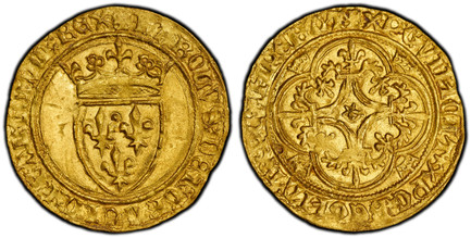 1084815 FRANCE. Charles VI. (King, 1380-1422). (1380-1422) AV Ecu d'Or. PCGS MS65.  Saint-Lô. 28mm. 3.77gm. + KAROLVSx DEIx GRACIAx FRANCORVx REX. Crowned coat-of-arms / + XPC* VINCIT* XPC* REGNAT* XPC* IMPERAT. Cross fleurée, with star in center ...
