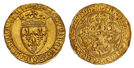 1084819 FRANCE. Charles VI. (King, 1380-1422). (1380-1422) AV Ecu d'Or. NGC MS64.  Possibly Saint-Lô. 29.5mm. 3.91gm. + KAROLVSx DEIx GRACIAx FRANCORVx REX. Crowned coat-of-arms / + XPC* VINCIT* XPC* REGNAT* XPC* IMPERAT. Cross fleurée, with star ...