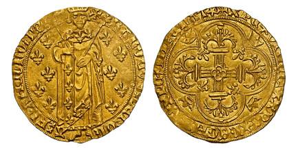 1084826 FRANCE. Charles VII. (King, 1422-61). (1422-61) AV Royal d'Or. NGC MS63.  Angers. 27.5mm. 3.84gm. + KAROLVSx DEIx GR - Ax FRANCORVx REX. Crowned king standing facing holding two scepters on a field of fleur-de-lis / + XPCx VINCITx XPCx REG...