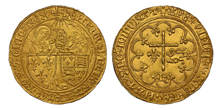 1087453 FRANCE. Henry VI. (King, 1422-53). (1422-53) AV Salut d'Or. NGC MS64.  Saint-Lô. 3.49gm. HERICVS DEI GRA FRACORV Z AGLIE REX. The Archangel Gabriel standing before the Virgin Mary, to whom he holds out a parchment bearing the word AVE, beh...