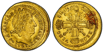 1085563 FRANCE. Louis XIV. (King, 1643-1715). 1701-S AV Louis d'Or. PCGS AU58.  Reims. 26mm. Older laureate head of Lois XIV / 4 L's around mint mark. KM 302.4; Duplessy.1443A; Gad.-253; Fr.-436.
Currently the finest known at PCGS as of November 2...