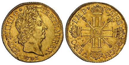 1086087 FRANCE. Louis XIV. 1703-A AV 2 Louis d'Or. NGC AU58.  Paris. LVD · XIIII · D · G  FR · ET · NAV · REX. Laureate head right / CHRS REGN VINC IMP. Crowned back to back L's with sceptre and hand of Justice crossed at center behind circle. KM ...