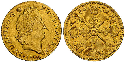1087424 FRANCE. Louis XIV. (King, 1643-1715). 1704-M AV Louis d'Or. NGC MS61.  By Norbert Roettiers. Toulouse. 6.65gm. LVD · XIIII · D · G  FR · ET · NAV ·  REX ·. Laureate head right / CHRS · REGN · VINC · IMP. Crossed sceptres with crowned fleur...