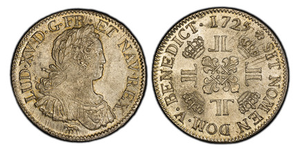 1085954 FRANCE. Louis XV. 1725-A AR Ecu. PCGS MS63.  Paris. Edge: DOMINE SALVUM FAC REGEM. 37.7mm. 23.56gm. LUD · XV D · G · FR · ET NAV · REX ·. Laureate armored bust right / * SIT NOMEN DOM · BENEDICT · (date). 4 Fleur-de-lis form square at cent...