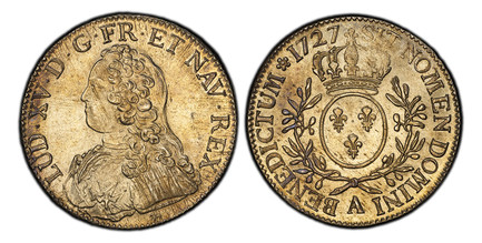 1085955 FRANCE. Louis XV. (King, 1715-1774). 1727-A AR Ecu. PCGS MS63.  Paris. 40.6mm. 29.40gm. LUD · XV · D · G · FR · ET · NAV · REX ·. Bust left / SIT NOMEN DOMINI BENEDICTUM. Crowned round arms of France within sprays. KM 486.1; Dav.-1330; Dup...