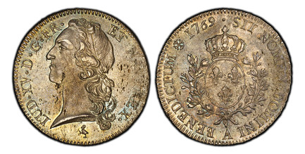 1085957 FRANCE. Louis XV. 1769-A (+) AR Ecu. PCGS MS62.  By Jean-Charles Röttiers. Paris. 41..4mm. 29.36gm. LUD · XV · D · G · FR · ET  NAV · REX. Head with headband left / SIT NOMEN DOMINI BENEDICTUM. Crowned round arms of France within sprays. K...
