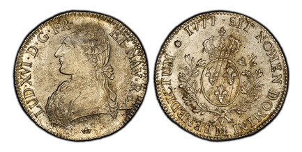 1085962 FRANCE. Louis XVI. 1777-M (p) AR Ecu. PCGS MS63.  By Pierre-Benjamin Duvivier. Toulouse. 41.1mm. 29.42gm. LUD · XVI · D · G · FR · ET NAV REX. Ornamental stitching on uniform / SIT NOMEN DOMINI A BENEDICTUM. Crowned arms of France within b...