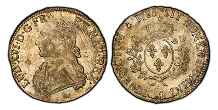 1085963 FRANCE. Louis XVI. 1786-M (p) AR Ecu. PCGS MS62.  By Pierre-Benjamin Duvivier. Toulouse. 40.9mm. 29.26gm. LUD · XVI · D · G · FR · ET NAV REX. Ornamental stitching on uniform / SIT NOMEN DOMINI A BENEDICTUM. Crowned arms of France within b...