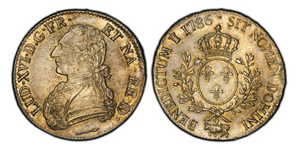 1085966 FRANCE. Louis XVI. 1786-(cow) (p) AR Ecu. PCGS MS62.  By Pierre-Benjamin Duvivier. Pau. Edge: DOMINE SALVUM FAC REGEM. 41.1mm. 29.35gm. ....RE.BD. (ligate BD). Uniformed bust left / SIT NOMEN DOMINI BENEDICTUM. Crowned arms of France withi...