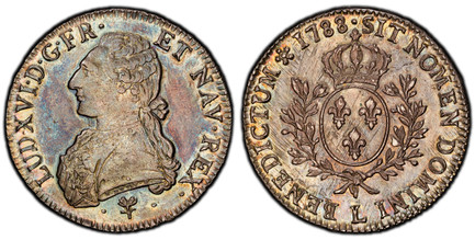 1085960 FRANCE. Louis XVI. 1788-L (p) AR Ecu. PCGS AU58.  By Pierre-Benjamin Duvivier. Bayonne. 42.2mm. 29.34gm. LUD · XVI · D · G · FR · ET NAV REX. Ornamental stitching on uniform / SIT NOMEN DOMINI A BENEDICTUM. Crowned arms of France within br...