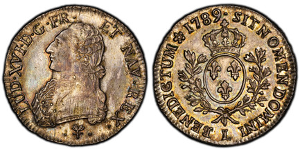 1085961 FRANCE. Louis XVI. 1789-L (p) AR Ecu. PCGS AU58.  By Pierre-Benjamin Duvivier. Bayonne. LUD · XVI · D · G · FR · ET NAV REX. Ornamental stitching on uniform / SIT NOMEN DOMINI A BENEDICTUM. Crowned arms of France within branches. KM 564.1;...