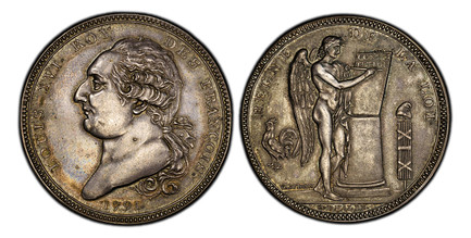 1085395 FRANCE. Constitution. (1791-1793). 1791. AR Pattern Constitutional Ecu. PCGS SP62.  By F. Vasselon. Edge: Plain. 31.13gm. LOUIS XVI • ROY – DES FRANCOIS •. Bust, left; date below / REGNE – DE LA LOT •. Standing Genius writing Constitution;...