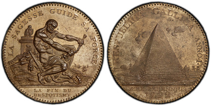1086381 FRANCE. Republic. (Convention, 1792-1795). 1792 Bronze Essai Monneron 2 Sols. PCGS MS63.  Soho mint, Birmingham. Edge: LA. CONFIANCE. AUGMENTE. LA VALEUR. 16.12gm. LA SAGESSE GUIDE SA FORGE. Seated Heracles breaks the royal scepter; "La fi...
