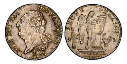 1085968 FRANCE. Louis XVI. 1793// L'An 5-L AR Ecu, 6 Livres. PCGS AU55.  By Pierre-Benjamin Duvivier. Bayonne . Edge: LA NATION LA LOI ET LE ROI (The nation, the law, and the king ). LOUIS XVI ROI DES FRANÇAIS. Bust with date below truncation / RE...