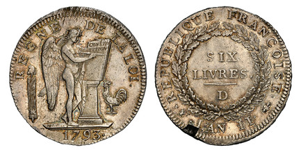 1086073 FRANCE. 1793//L'An II-D AR 6 Livres. NGC MS63.  Lyon. Edge: LIBERTE **ÉGALITÉ. **. Standing Genius inscribing the Constitution on a tablet on top of an altar; fasces to left and rooster to right, date below / Denomination within wreath. KM...