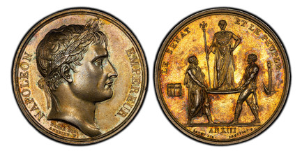 1085398 FRANCE. Napoleon I. ANXIII (1804) AR Medal. PCGS SP63.  By B. Andrieu & R. Jeuffroy. 40.3mm. 33.69gm. Laureate head, right / A Roman senator and a soldier supporting Napoleon I on a shield; an open book on the left and a plowshare on the r...