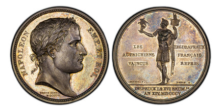 1085400 FRANCE. Napoleon I. 1805 AR Medal. PCGS SP63.  By J. Droz & N. Brenet. 40.5mm. 36.91gm. NAPOLEON EMP. ET. ROI. Laureate head right / The emperor standing to left holding small figure of victory; a standard in his left hand. Bramsen 442; Ze...