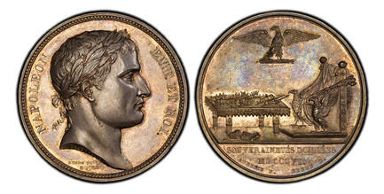 1085402 FRANCE. Napoleon I. 1806 AR Medal. PCGS SP64.  By Droz and Andrieu. 40.5mm. 35.00gm. NAPOLEON EMP. ET. ROI. Laureate head right / Presentation of crowns, next to a throne flanked by two eagles; an eagle clutching a fasces above. Bramsen 55...