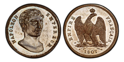 1084847 FRANCE. Napoleon. (Emperor, 1804-1814). 1807 AE Pattern 100 Francs. PCGS SP64BN (Brown).  By H. Vassalo. Edge: Plain. 34mm. 15.45gm. NAPOLEON – EMPEREUR. Roman style bust to right; signature on truncation / EMPIRE – FRANCAISE// 1807. Crown...