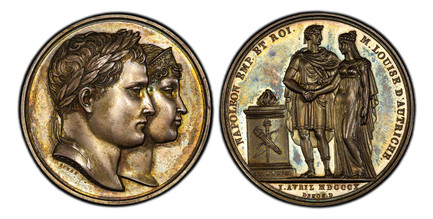 1085405 FRANCE. Napoleon I. 1810 AR Medal. PCGS SP63.  By B. Andrieu & J. Jouannin. 40.4mm. 35.00gm. Conjoined laureate and diadem busts, right / Bride and groom standing beside a burning altar holding hands. Bramsen 952; Zeitz 110; Julius 2263.

...