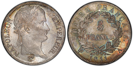 1087662 FRANCE. 1811-A AR 5 Francs. PCGS MS64.  Paris. NAPOLEON EMPEREUR. Laureate head right / EMPIRE FRANCAIS. Denomination within wreath. KM 694.1; Gadoury 584; F-307.

Please use this link to verify the PCGS certification number <a href="http:...