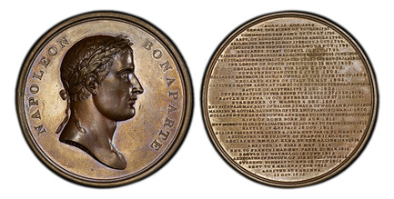 1085171 FRANCE. Napoleon I. (Emperor, 1804-1814 and 1815). 1815 Bronzed AE Medal. PCGS MS64.  By Halliday. 54mm. 72.11gm. NAPOLEON – BONAPARTE. Laureate bust, right; signed on truncation / Biography inscribed on 36-lines. Bramsen 1711; cf. Julius ...