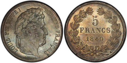 1087668 FRANCE. Louis Philippe I. (King, 1830-48). 1840-A AR 5 Francs. PCGS MS65+.  By Domard. Paris. LOUIS PHILIPPE I ROI DES FRANCAIS. Laureate head right / Mint marks at edge outside wreath. KM 749.1; Gad.-678; F-324.

Please use this link to v...