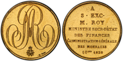 1087507 FRANCE. Louis XVIII. (King, 1814-1824). 1820 (1847) AV Off-Metal or Pattern 5 Francs of 10 Ducats Weight (Mint Visit). PCGS SP61.  By N. Tiolier. Edge: Engraved with : [HON]NOREZ AUGUSTE (MARIÉS À ?) RIS 2 AOUT 184[7]. 37mm. 36.36gm. Monog...
