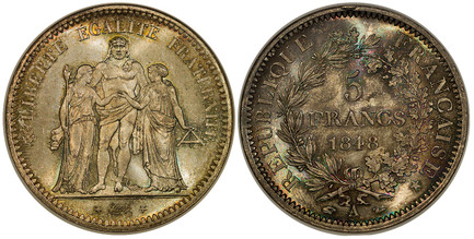 1087667 FRANCE. 1848-A AR 5 Francs. NGC MS66.  Paris. Edge: Lettered. Hercules group / Denomination within wreath. KM 756.1; Dav.-92; Gad-683.
Some damage to NGC hologram (old thick NGC holder).

Please use this link to verify the NGC certificatio...