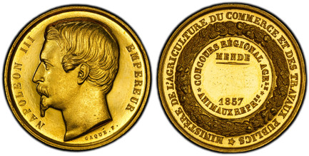 1087156 FRANCE. Napoleon III. 1857 AV Medal of 7 Ducats Weight. PCGS MS64.  By Caqué. 24.82gm. Bust, left; signed below truncation / Laurel wreath borders two circles of text.

Uninscribed prize medal issued by the Ministry of Agriculture, Trade, ...