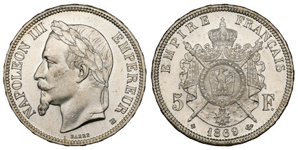 1087458 FRANCE. Napoleon III. (Emperor, 1842-1870). 1869-BB AR 5 Francs. NGC MS64.  By Désiré-Albert Barre. Strasbourg. Edge: DIEU ★ PROTEGE ★ LA★ FRANCE ★★★★★. NAPOLEON III EMPEREUR. Laureate head left / EMPIRE FRANCAIS. Crowned and mantled arms ...