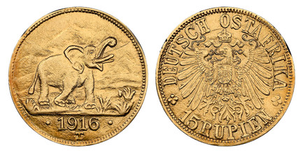 1087548 GERMAN EAST AFRICA. Wihelm II. 1916-T AV 15 Rupien. NGC MS64.  Tabora. Crowned imperial eagle, right arabesque ends below "T" of "OSTAFRIKA" / Elephant roaring right above date. KM 16.1; Jaeger 728b.

Tabora Emergency Issue.

Please use th...