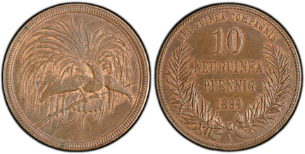 1086738 GERMAN NEW GUINEA. 1894-A CU 10 Pfennig. PCGS MS65BN (Brown).  Berlin. Denomination and date in palm wreath / Bird of Paradise. KM 3; Jaeger 703.

Please use this link to verify the PCGS certification number <a href="http://www.pcgs.com/ce...