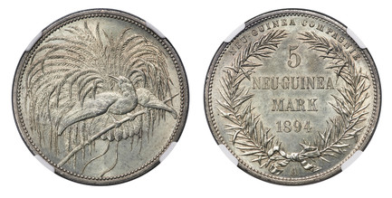 1087312 GERMAN NEW GUINEA. 1894-A AR 5 Mark. NGC MS64.  Berlin. Denomination and date in palm wreath / Bird of Paradise. KM 7; Jaeger 705.

Please use this link to verify the NGC certification number <a href="https://www.ngccoin.com/certlookup/395...