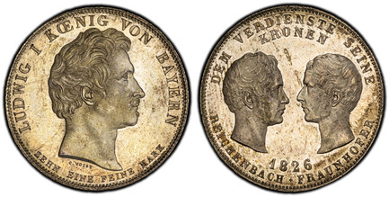 1086641 GERMAN STATES. Bavaria. Ludwig I. 1826 AR Thaler. PCGS MS64.  Edge: Reeded. LUDWIG KOENIG VON BAYERN,  ZEHN EINE FEINE MARK below. Head right / DEM VERDIENSTE SEINE KRONEN, REICHENBACH - FRAUNHOFER below. Profiles facing each other. KM 721...