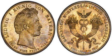 1086642 GERMAN STATES. Bavaria. Ludwig I. 1827 AR Thaler, Convention. PCGS MS64.  Edge: Reeded. LUDWIG I KOENIG VON BAYERN, ZEHN EINE FEINE MARK. Head right / BAYERISCH - WURTEMBERGISCHER ZOLLVERIN,  GESCHLOSSEN. Caduceus at center of crossed corn...