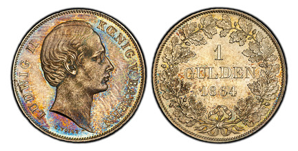 1086663 GERMAN STATES. Bavaria. Ludwig II. (King, 1864-1886). 1864 AR Gulden. PCGS MS66.  By Carl Friedrich Voigt. Munich. 10.57gm. Head with part in hair right / Denomination and date within wreath. KM 867; AKS 177; Jaeger 100; Witt.-3011 Anm; St...