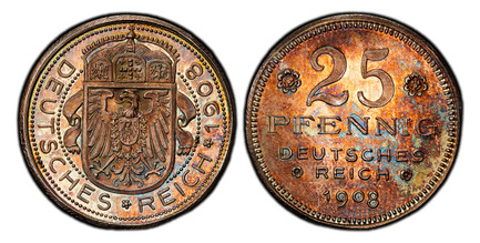 1086679 GERMAN STATES. Bavaria. 1908-D AR Pattern 25 Pfenning. PCGS SP66.  By Karl Goetz. Munich. 22.5mm. 4.02gm. Denomination and date / Crowned shield of arms over eagle on large shield; banner draped to eigher side; all within beaded circle. Ja...