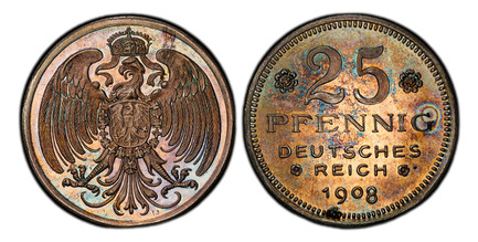 1086680 GERMAN STATES. Bavaria. 1908-D AR Pattern 25 Pfenning. PCGS SP65.  By Karl Goetz. Munich. 22.5mm. 4.02gm. Denomination and date / Crown above eagle with shield of arms and order chain over breast. Jaeger 18; Schaaf 18/G27; Kienast 78.

Rar...