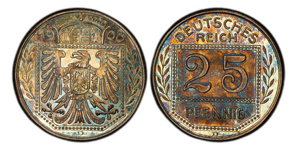 1086681 GERMAN STATES. Bavaria. 1908-D AR Pattern 25 Pfenning. PCGS SP65.  By Karl Goetz. Munich. 22.5mm. 4.04gm. Denomination within shield; branches to either side and mintmark below / Crowned shield of arms with eagle' date divided by crown abo...
