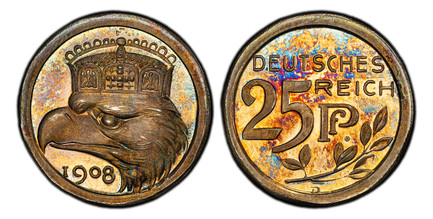 1086682 GERMAN STATES. Bavaria. 1908-D AR Pattern 25 Pfenning. PCGS SP66.  By Karl Goetz. Munich. Crowned eagle's head, left; date below / Denomination above branch. Jaeger 18; Schaaf 18/G31; Kienast 78.

Very rare in silver.

Please use this link...