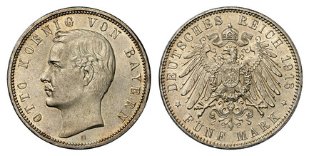 1083218 GERMAN STATES. Bavaria. Otto. 1913-D AR 5 Mark. NGC UNC Details Cleaned.  Munich. OTTO KOENIG VON BAYERN. Head left / DEUTSCHES REICH, FUNF MARK. Crowned imperial German eagle. KM 915; Jaeger 46.

Please use this link to verify the NGC cer...