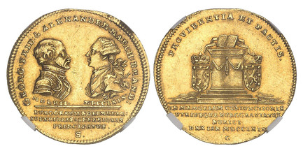 1087475 GERMAN STATES. Brandenburg-Ansbach. Alexander. 1769 S AV Ducat. NGC AU55.  By J. S. Gözinger. Schwabach. 23mm. GEORG. FRID: & ALEXANDER. MACRCH: BRAND:/ MDLVII. - MDCCLXIX./ BVRGGRAVII NORIMBERG: SVPERIORIS & INFERIORIS PRINCIPATVS/ S. Fac...