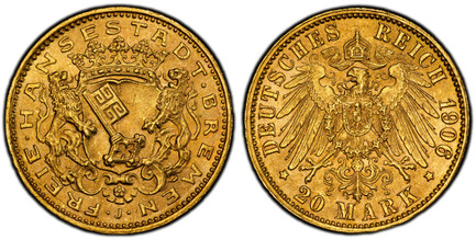 1087101 GERMAN STATES. Bremen. 1906 J AV 20 Mark. PCGS MS66.  Edge: GOTT MIT UNS. FREIE•HANSESTADT•BREMEN. Bremen city coat of arms; J below / DEUTCHES REICH 1906 * 20 MARK *. Eagle. KM 252; Jaeger 205.

Please use this link to verify the PCGS cer...