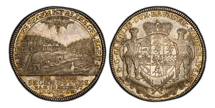 1087128 GERMAN STATES. Brunswick-Wolfenbuttel. Karl I. 1761 IBH AR Thaler. PCGS MS64.  Zellerfeld. 29.05gm. D.G. CAROLVS · DVX · BRVNSVIC · LVNEB ·. Crowned complex oval arms with wildmen supporters / AN GOTTES SEGEN IST ALLES GELEGEN. DIE GRVBE /...