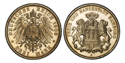 1086171 GERMAN STATES. Hamburg. 1908-J AR 3 Mark. PCGS PR64 Cameo.  Hamburg. Edge: GOTT MIT UNS. Three tower castle on helmeted shield with supporters / Crowned imperial eagle, shield on breast. KM 620; Jaeger 64.

Please use this link to verify t...