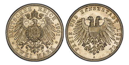 1085084 GERMAN STATES. Lubeck. 1901-A AR 2 Mark. PCGS MS66.  Berlin. Edge: Reeded. Double imperial eagle with divided shield on breast / Crowned imperial eagle, shield on breast. KM 210; Jaeger 80.

Please use this link to verify the PCGS certific...