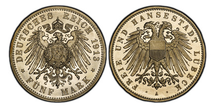 1085085 GERMAN STATES. Lubeck. 1913-A AR 5 Mark. PCGS PR64 Cameo.  Berlin. Double imperial eagle with divided shield on breast / Crowned imperial eagle, shield on breast. KM 213. Proof; Jaeger 83.

Please use this link to verify the PCGS certifica...