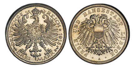 1085101 GERMAN STATES. Lubeck. 1915-A Aluminum Plated Zinc Pattern 3 Mark. PCGS SP64.  Berlin. Edge: Plain without lettering. 33.59mm. 5.69gm. Double imperial eagle with divided shield on breast / Crowned imperial eagle, shield on breast. cf. KM P...